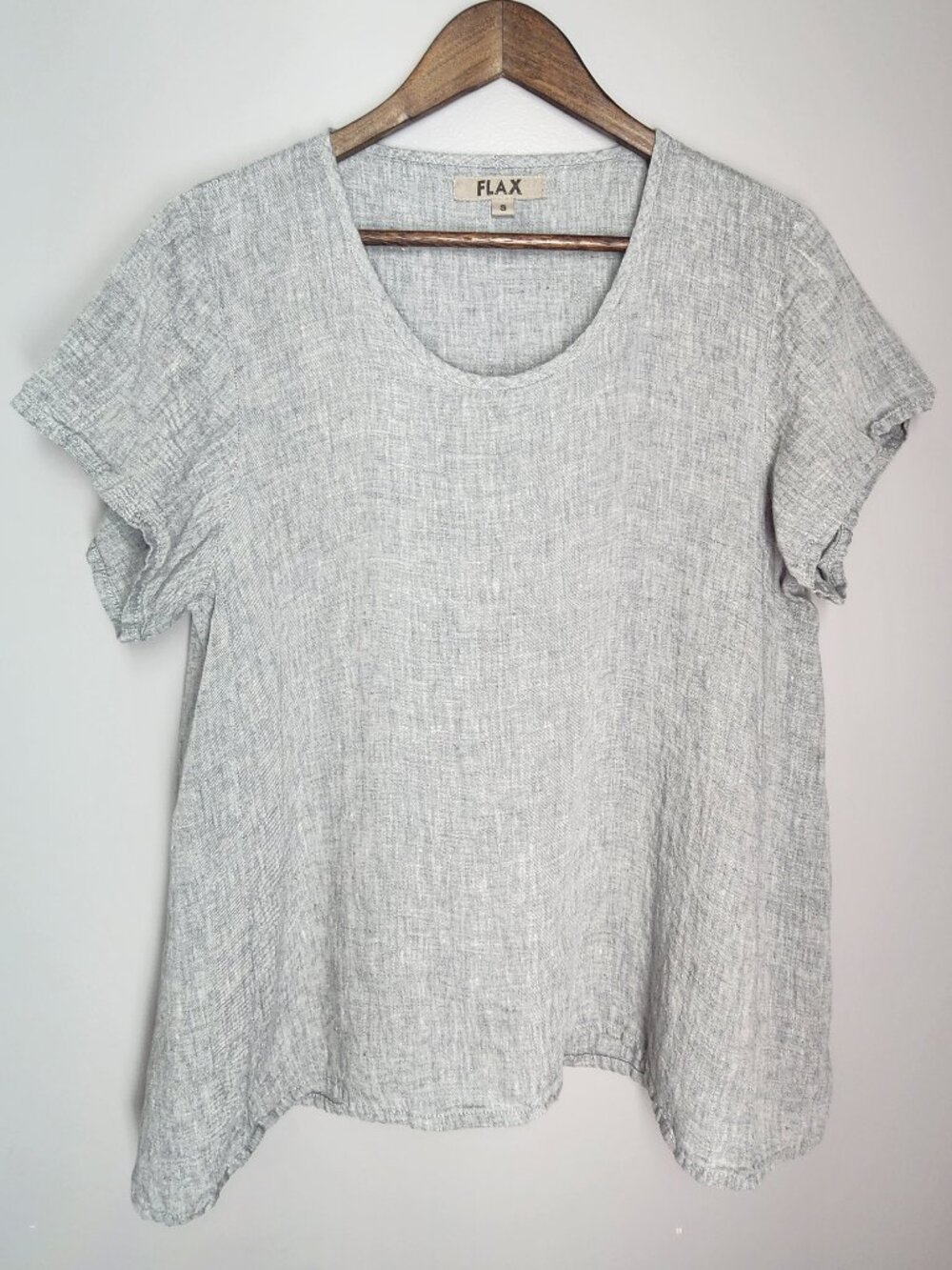 FLAX 100% Linen Shirt Top Womens Small Gray Textured Boxy Lagenlook Short Sleeve